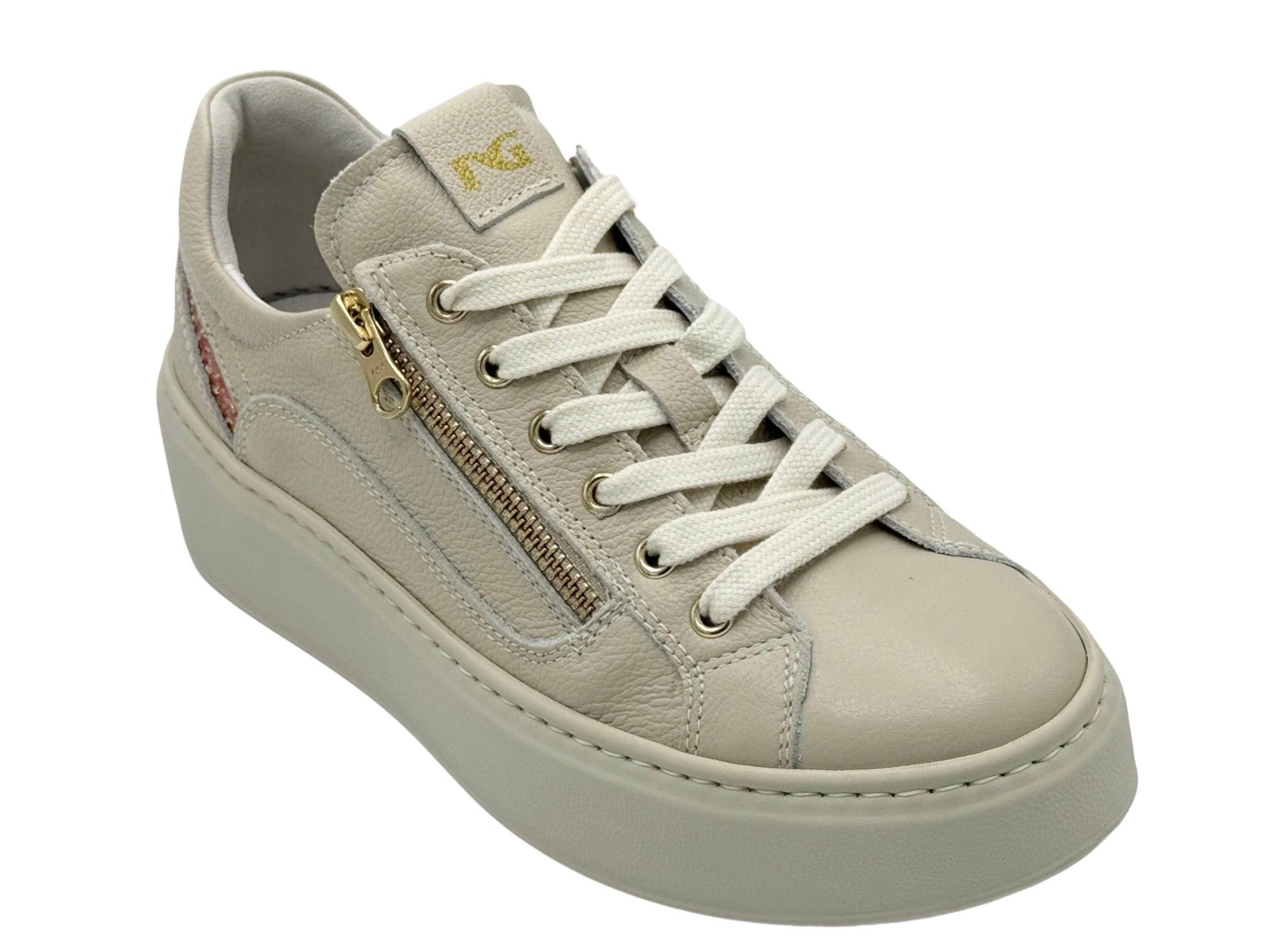 Nero Giardini E513081D Sneakers Donna In Pelle E Materiale Tecnico - Bianco, Tacco Platform, Chiusura Zip, Made In Italy, 36 EU